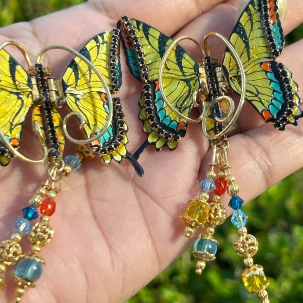 Vintage LUNCH AT THE RITZ Enamel Butterflies & Jewels drop clip on earrings